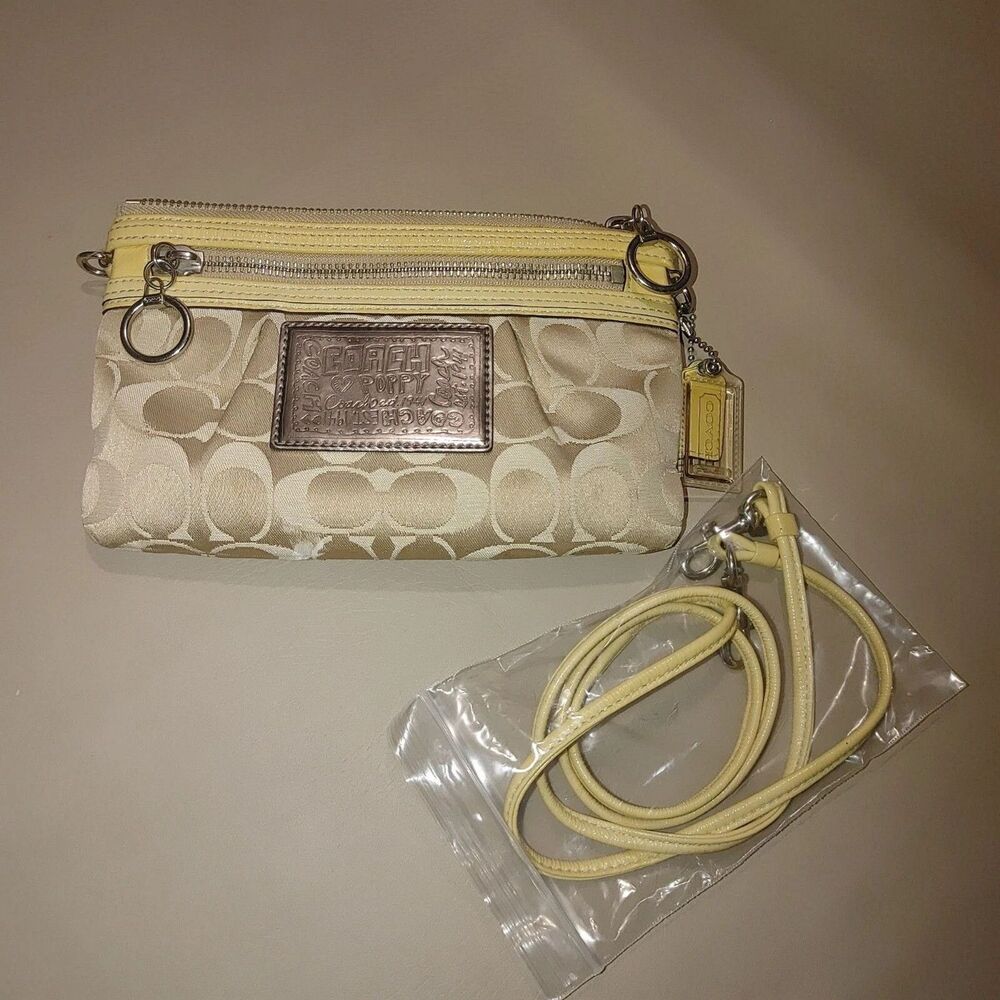 Coach Signature Logo Poppy Beige Yellow Crossbody Wristlet Purse Convertible - Picture 2 of 11